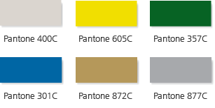 Pantone 400C,Pantone 605C,         Pantone 357C, Pantone 301C, Pantone 872C, Pantone 877C