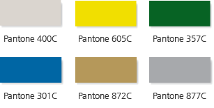 Pantone 400C,Pantone 605C, Pantone 357C, Pantone 301C, Pantone 872C, Pantone 877C